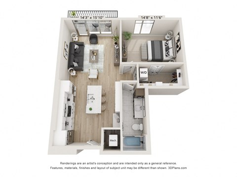 Floor plan for 1 bed, 1 bath, 846 sqft